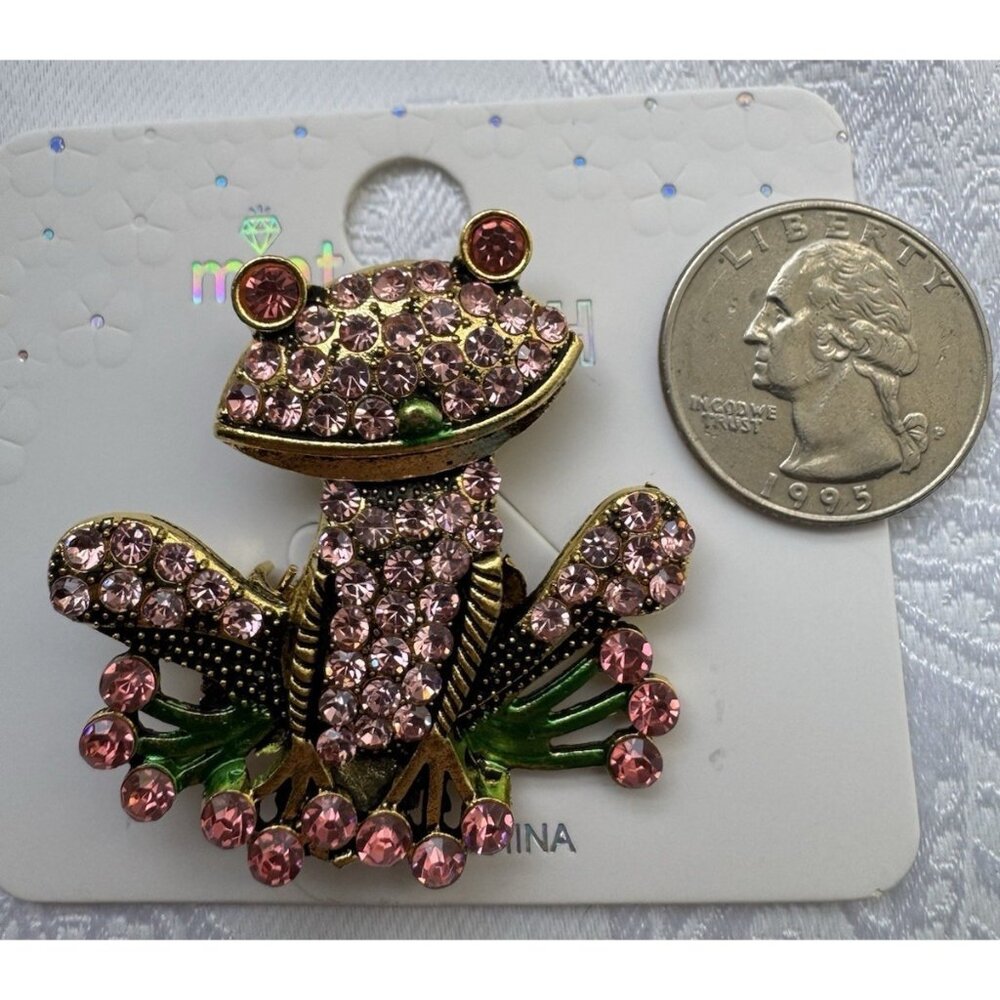 Mint Happy Colorful Pink Green Sitting Frog Rhinestone Brooch 1.5" NEW